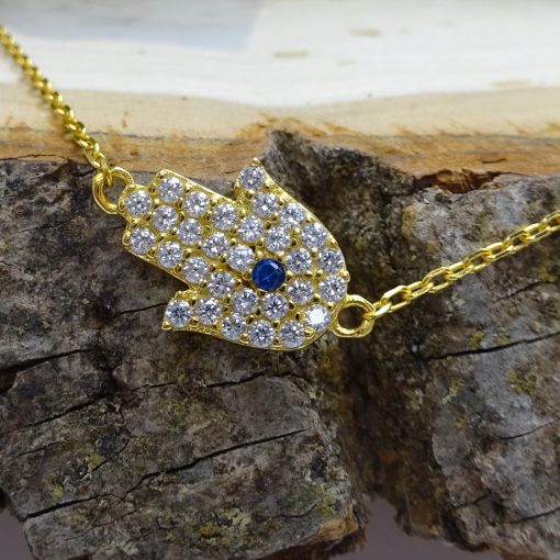 Small Protective-Eye Hamsa Crystal Gold Necklace 1