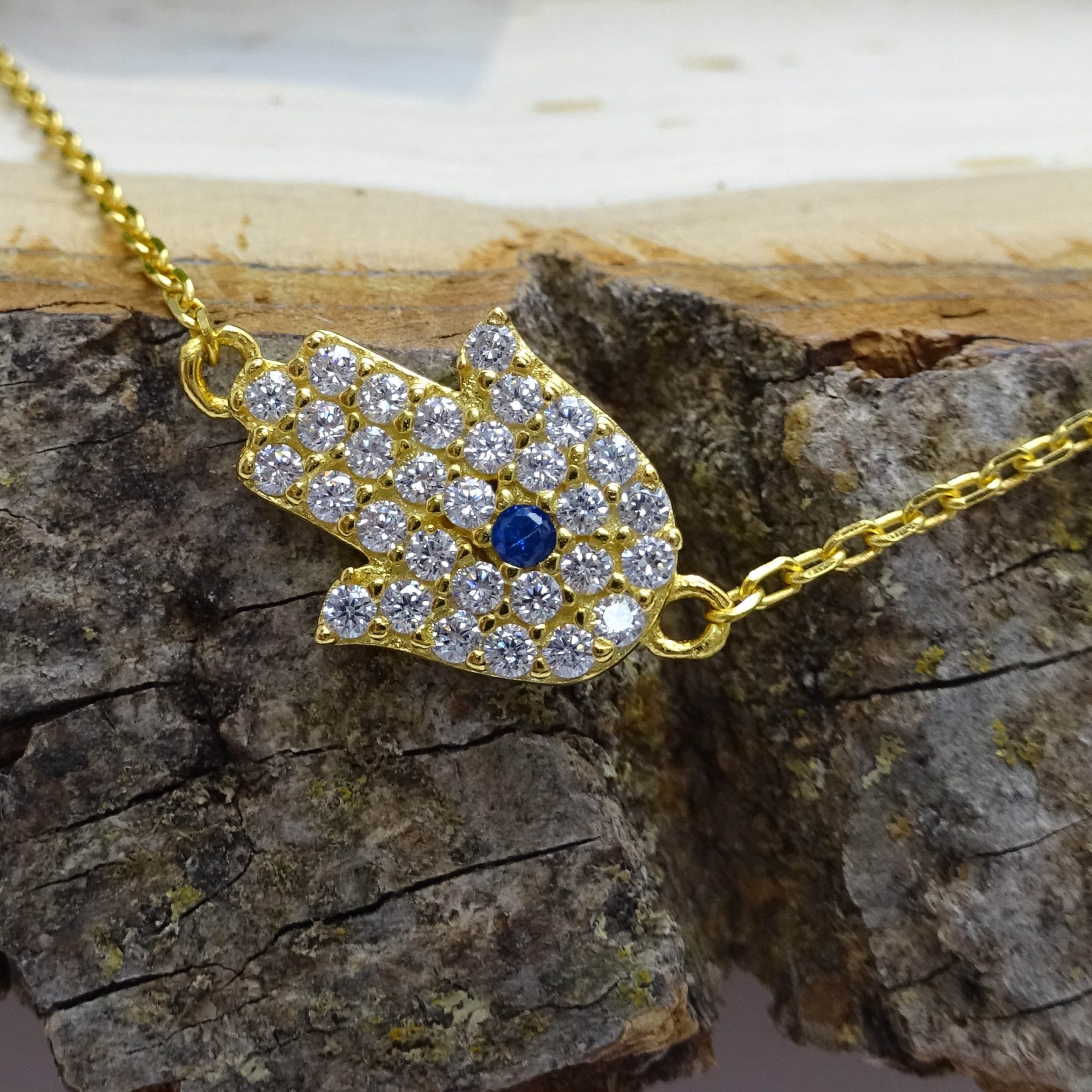 Small Protective-Eye Hamsa Crystal Gold Necklace