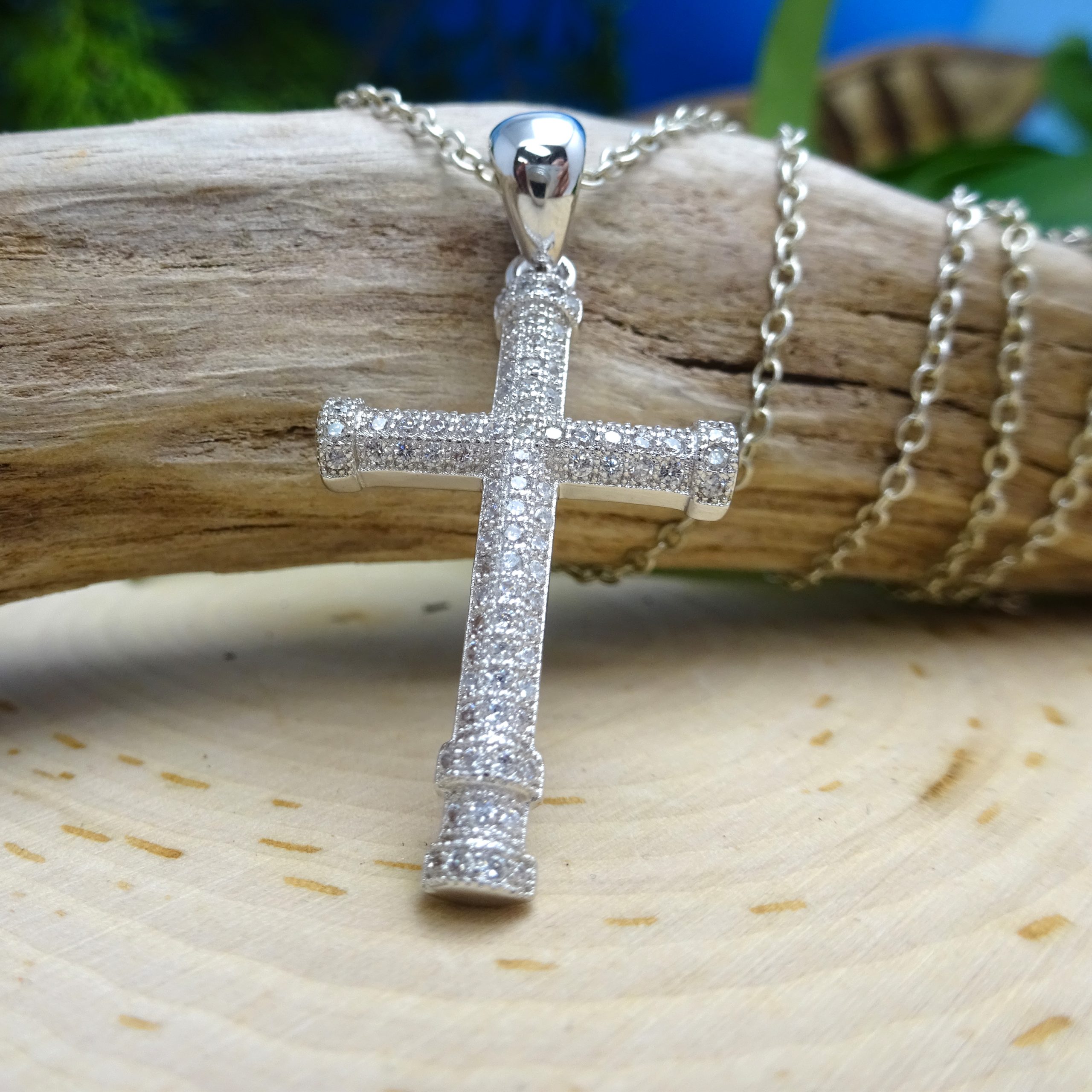 Round Front CZ Cross Pendant .925 Silver Necklace