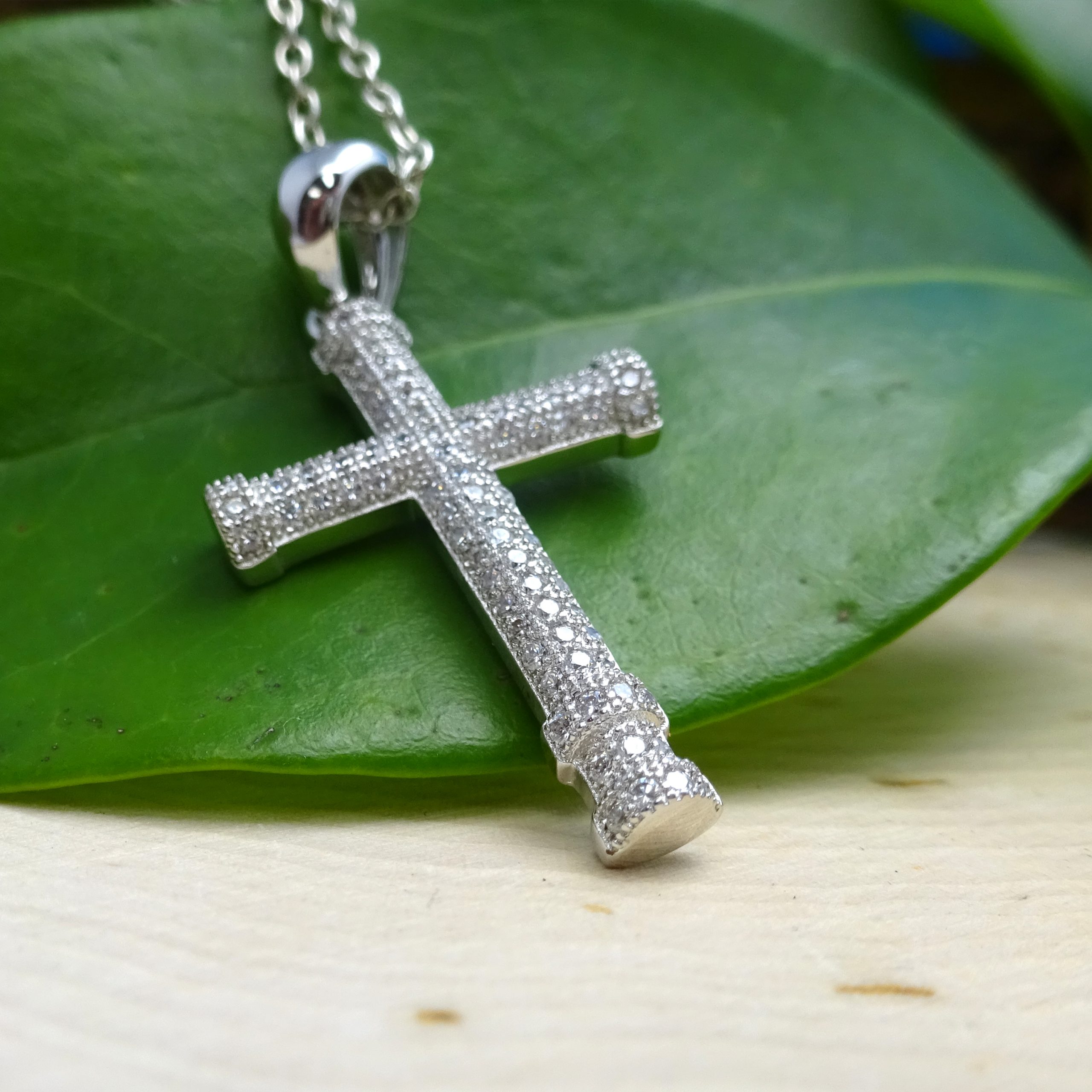 Round Front CZ Cross Pendant .925 Silver Necklace