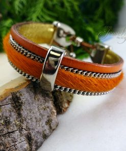 Orange Handmade Leather and Boho Cotton Bracelet
