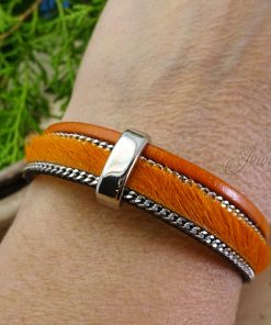 Orange Handmade Leather and Boho Cotton Bracelet 4