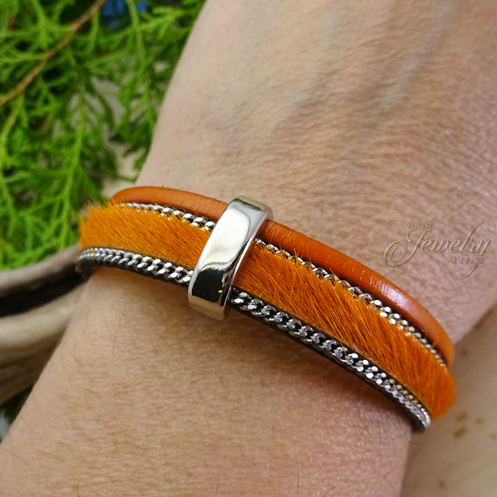 Orange Handmade Leather and Boho Cotton Bracelet