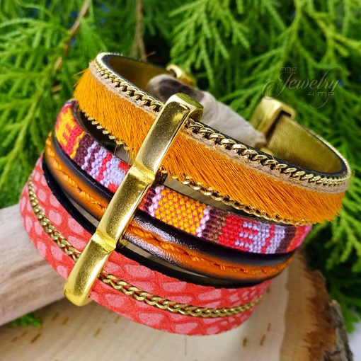 Three Layer Multi Colored Handmade Leather and Boho Cotton Bracelet 1
