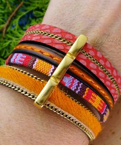 Three Layer Multi Colored Handmade Leather and Boho Cotton Bracelet 4