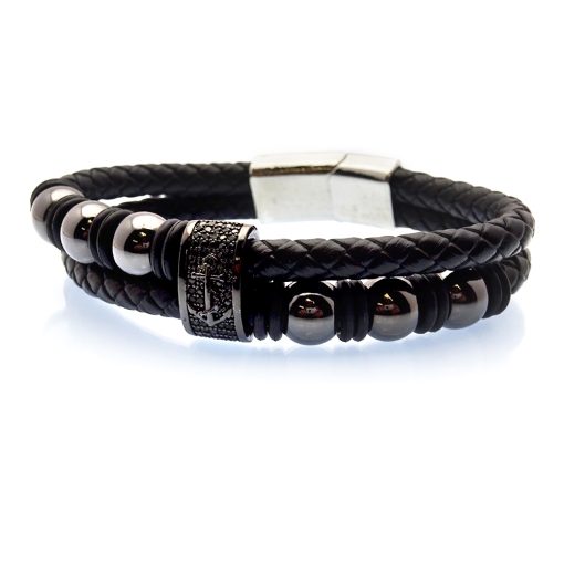 Multi-Strand Black Leather with Bronzed Steel Beads & Anchor Emblem Bracelet 1