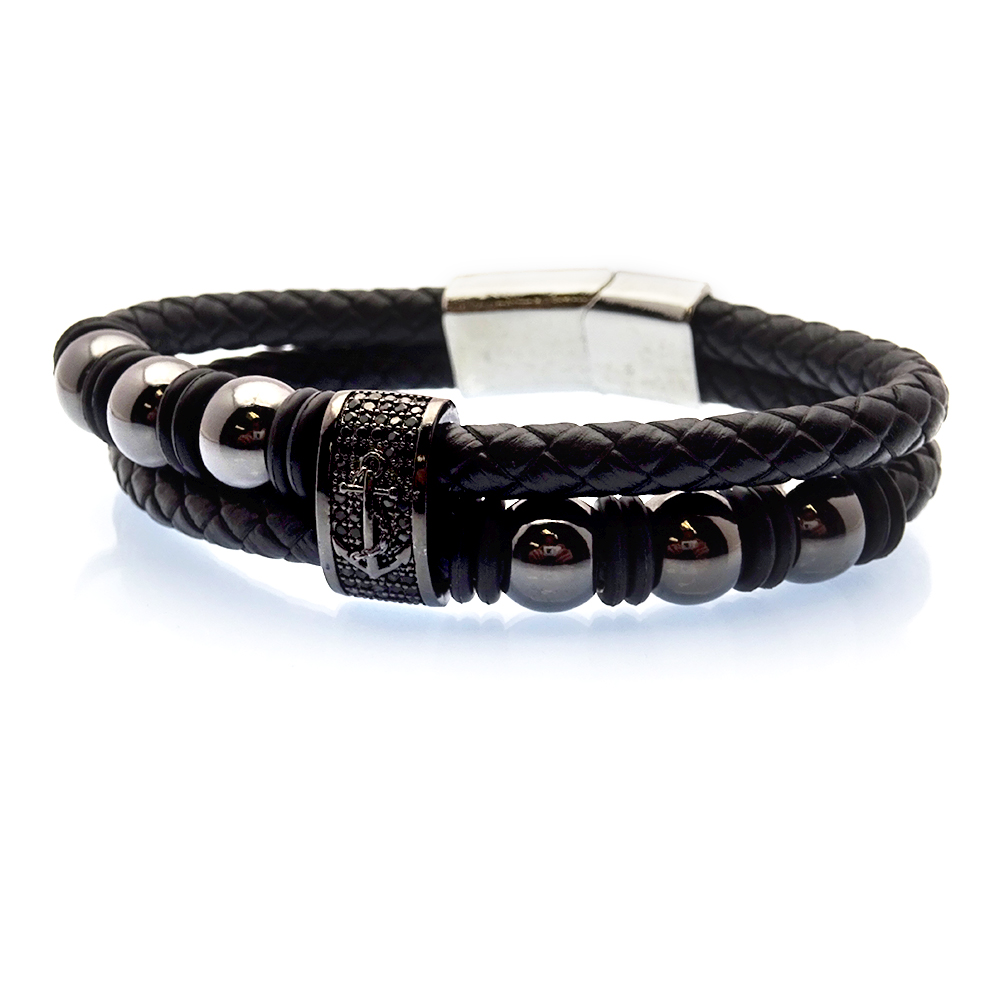 Multi-Strand Black Leather with Bronzed Steel Beads & Anchor Emblem Bracelet