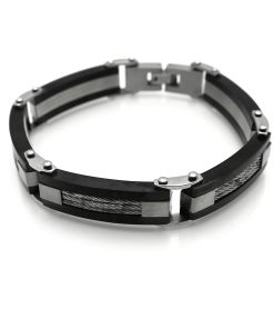 Black & Brushed Steel Link with Steel Cable Inlay Bracelet