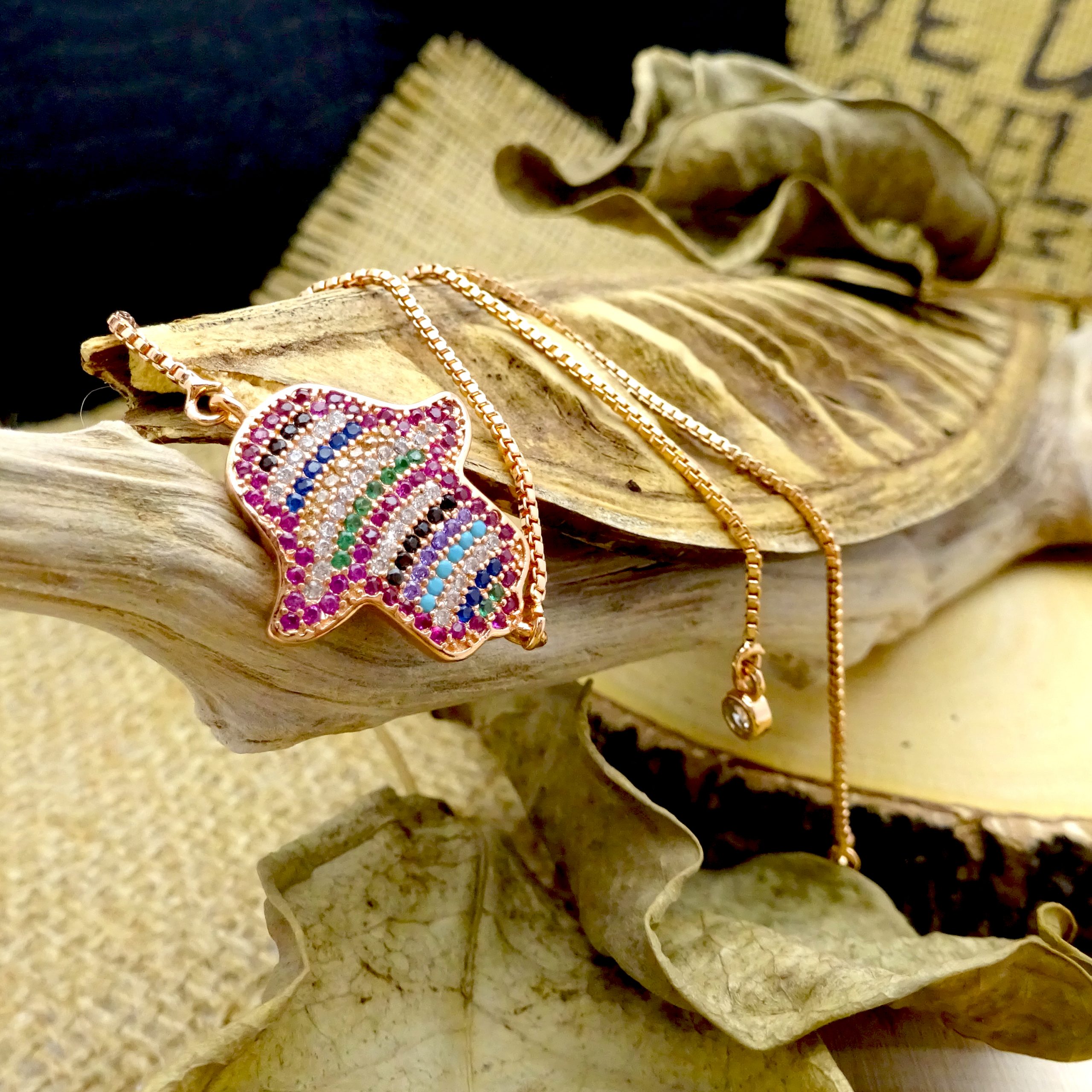 Multi-Colored Crystal Hamsa Rose-Gold Bracelet