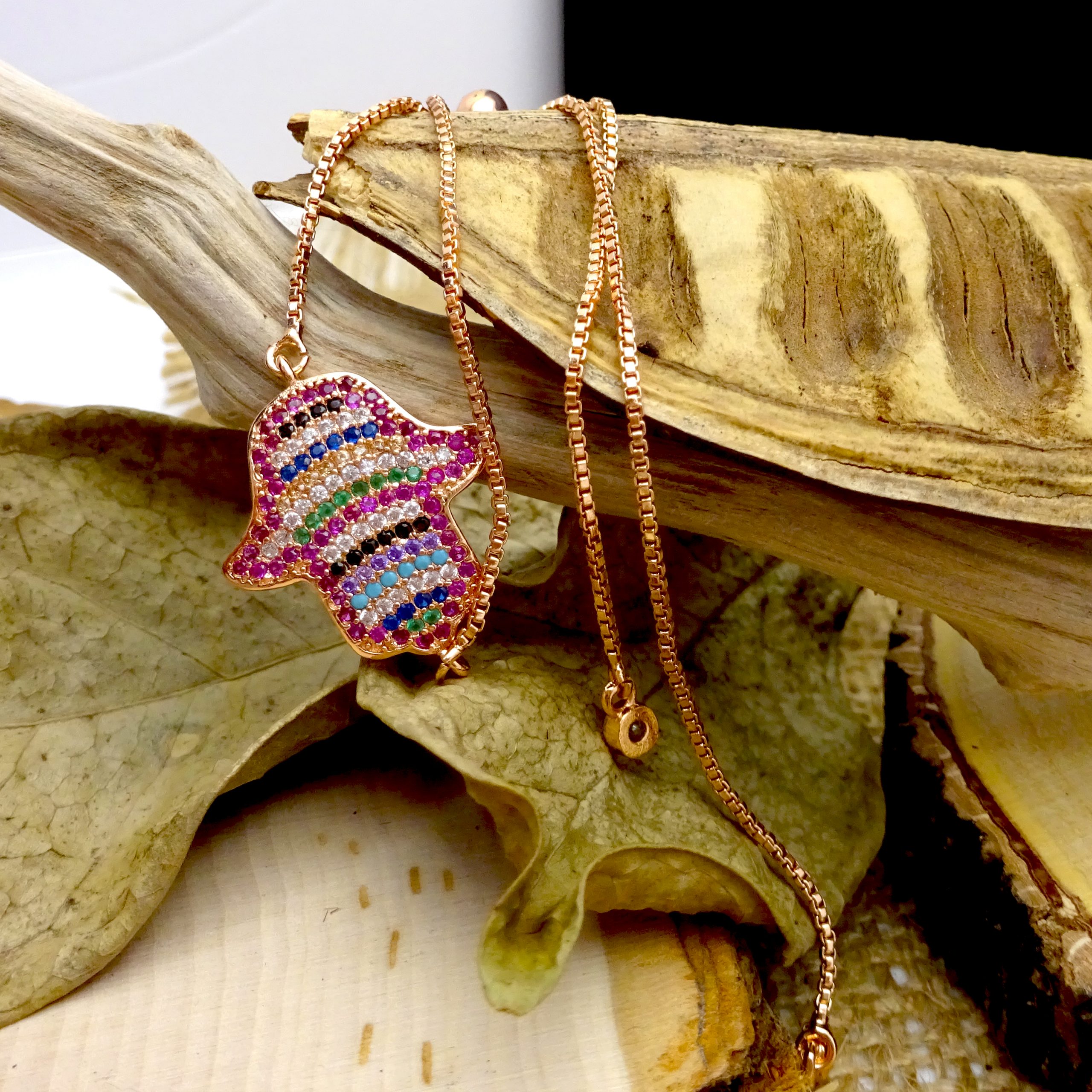 Multi-Colored Crystal Hamsa Rose-Gold Bracelet