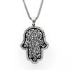 Stainless Steel Hamsa with Black Filigree-Style Rose Pattern Pendant 19" Necklace