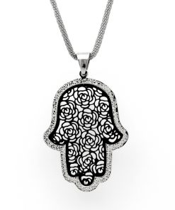 Stainless Steel Hamsa with Black Filigree-Style Rose Pattern Pendant 19″ Necklace 3