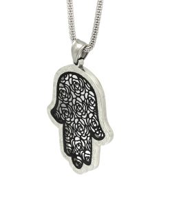 Stainless Steel Hamsa with Black Filigree-Style Rose Pattern Pendant 19″ Necklace 4