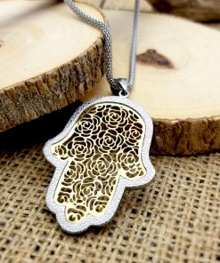 Stainless Steel Hamsa with Gold Filigree-Style Rose Pattern Pendant 19" Necklace