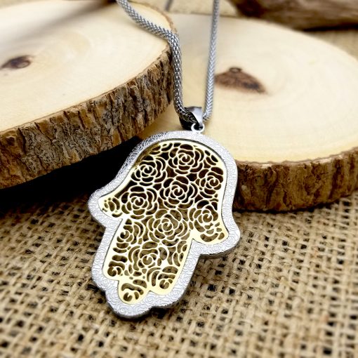 Stainless Steel Hamsa with Gold Filigree-Style Rose Pattern Pendant 19″ Necklace 1