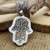 Stainless Steel Hamsa with Silver Filigree-Style Rose Pattern Pendant 19" Necklace