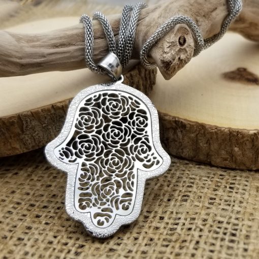 Stainless Steel Hamsa with Silver Filigree-Style Rose Pattern Pendant 19″ Necklace 1