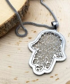 Stainless Steel Hamsa with Silver Filigree-Style Rose Pattern Pendant 19″ Necklace 4