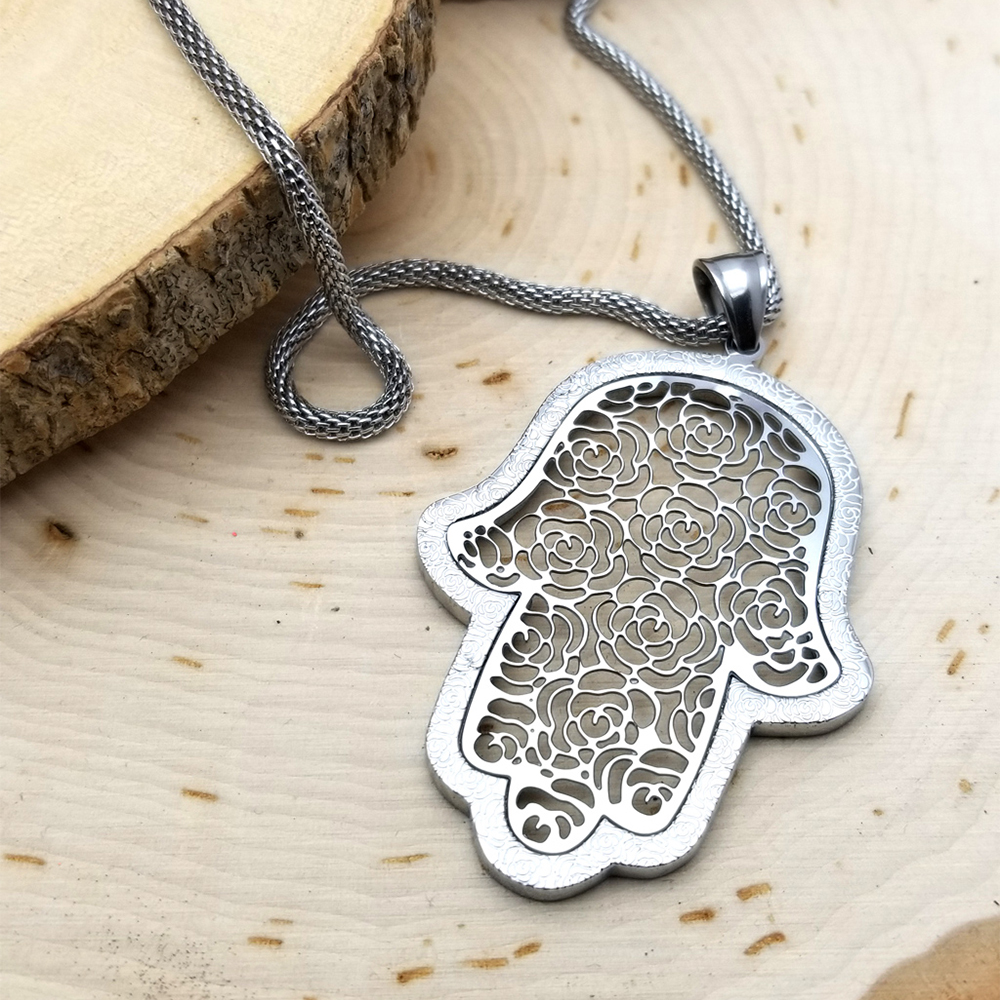 Stainless Steel Hamsa with Silver Filigree-Style Rose Pattern Pendant 19" Necklace