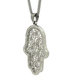 Stainless Steel Hamsa with Silver Filigree-Style Rose Pattern Pendant 19″ Necklace 5