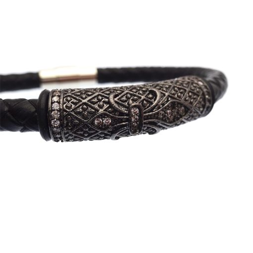 Black Braided Leather with Dark Steel & CZ Crystal Gothic Bracelet 1