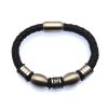 Braided Black Leather & Geo-Inspired Steel Beads with Greek Design Bracelet