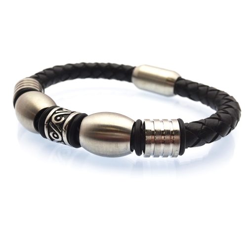 Braided Black Leather & Geo-Inspired Steel Beads with Greek Design Bracelet 1