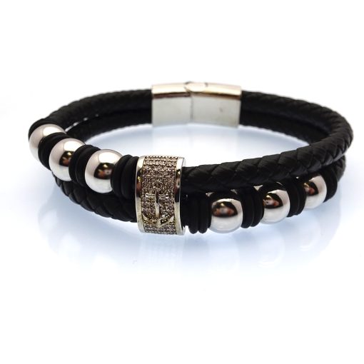 Multi-Strand Black Leather with Polished Stainless Steel Beads & Anchor Emblem Bracelet 1