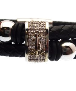 Multi-Strand Black Leather with Polished Stainless Steel Beads & Anchor Emblem Bracelet 3