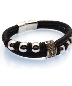 Multi-Strand Black Leather with Polished Stainless Steel Beads & Anchor Emblem Bracelet 4