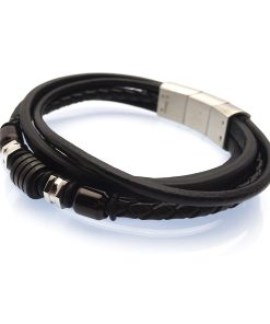 Multi-Strand Black Leather & Stainless Steel Geo-Inspired Beads Gothic Bracelet