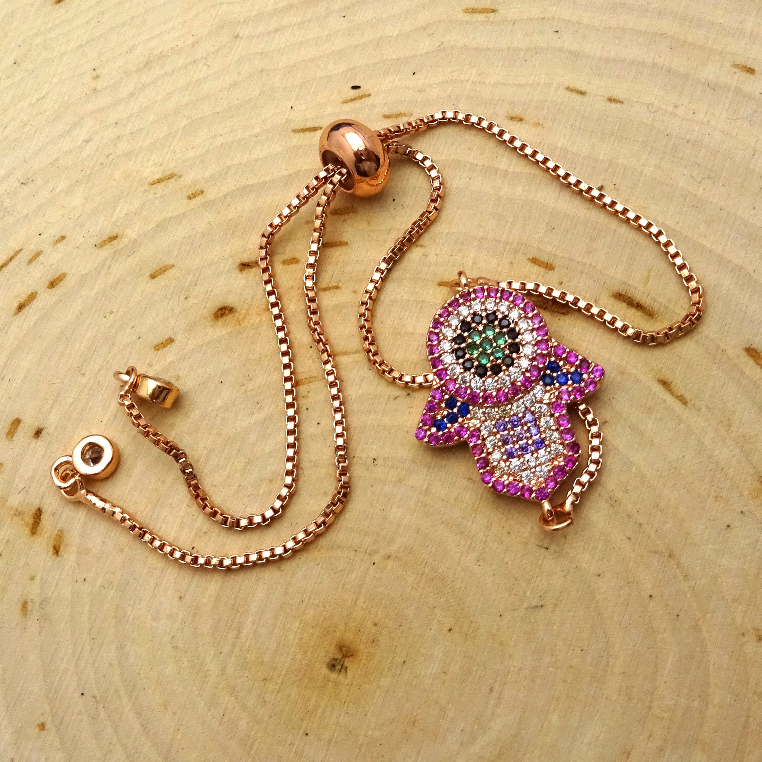 Multi-Colored Crystal Hamsa Rose Gold Bracelet - Pink