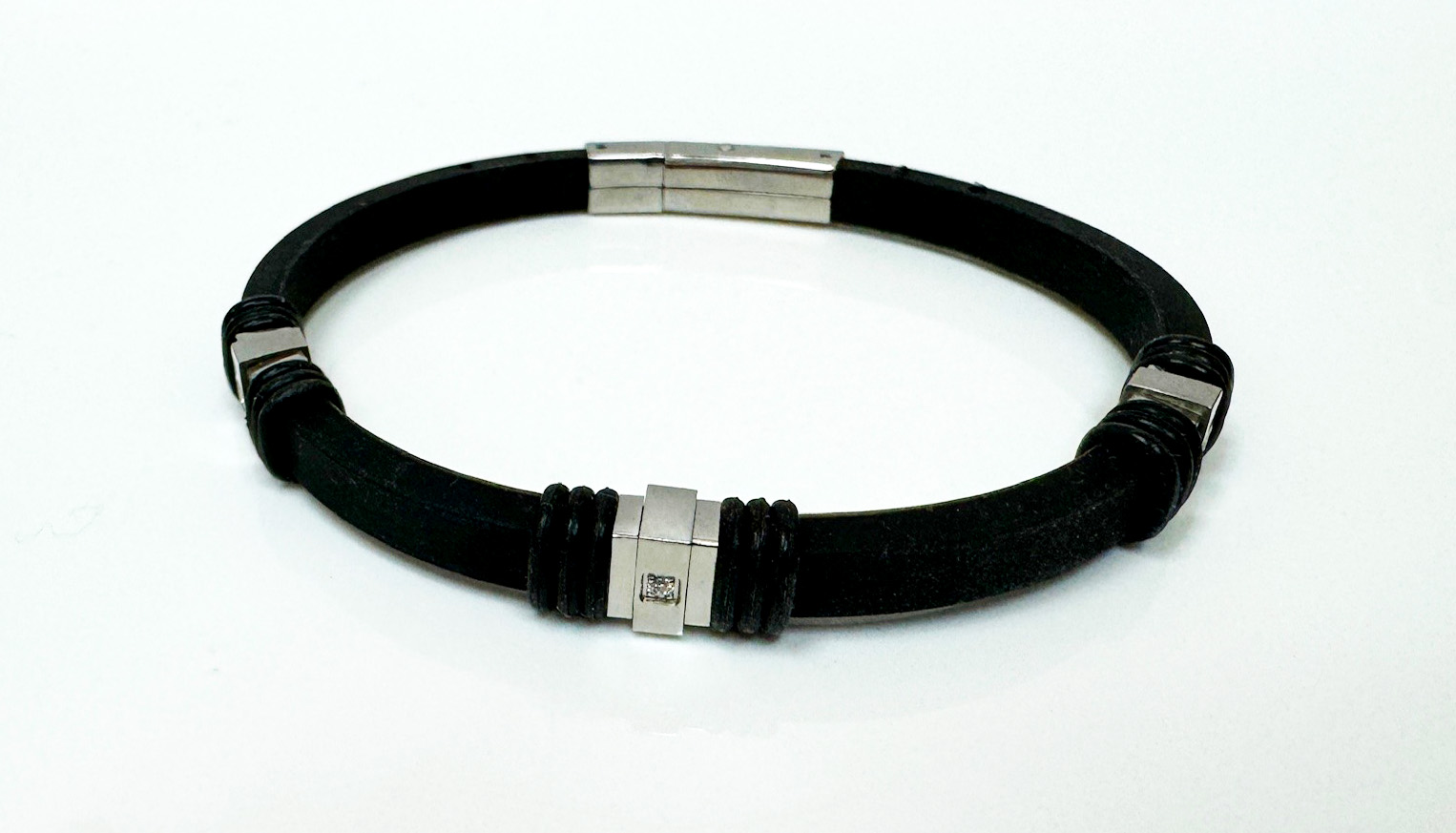 Black Rubber & Stainless with CZ Bracelet